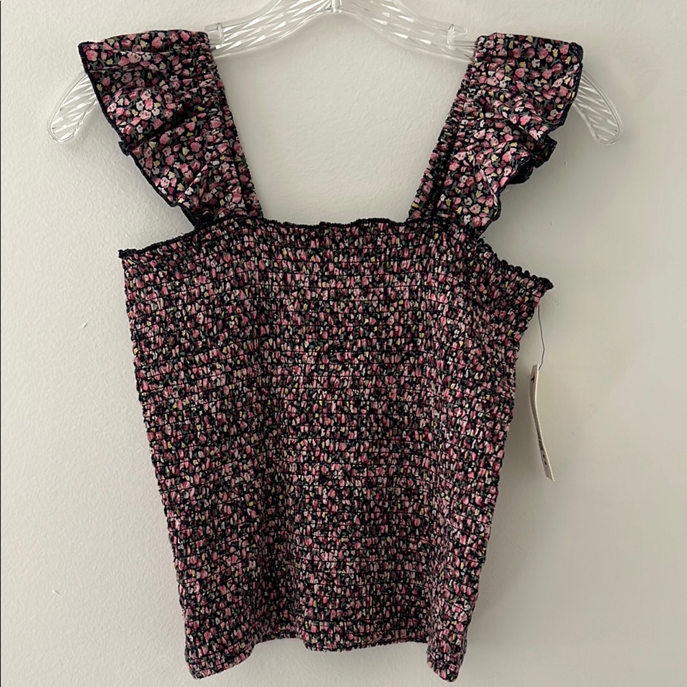 Billabong navy with pink ditsy floral Ruffled Smocked top